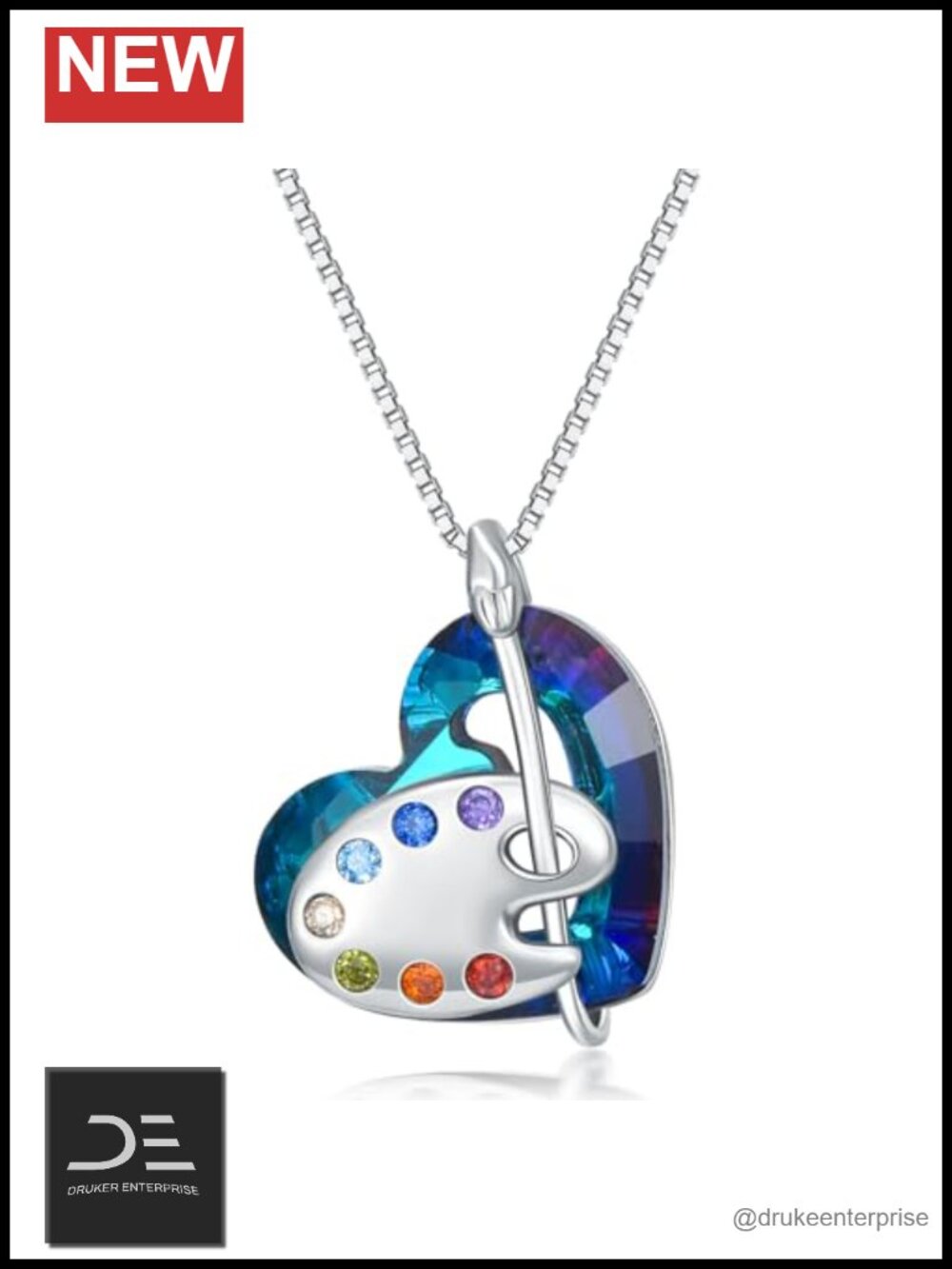 925 Sterling Silver Crystal Chakra Art Palette Pendant Necklace Painter Artist